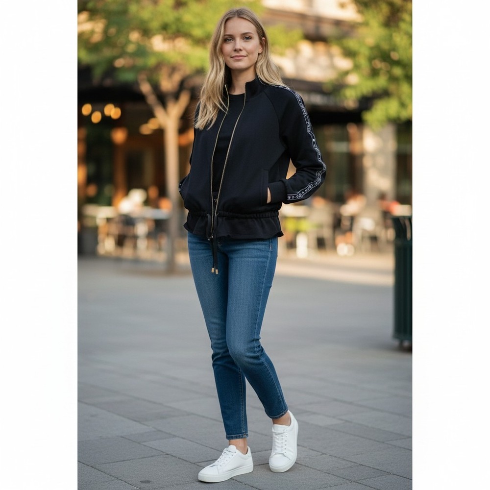 Kate Spade New York Black Peplum Track Jacket Logo Tape Sleeve Full Zip Medium